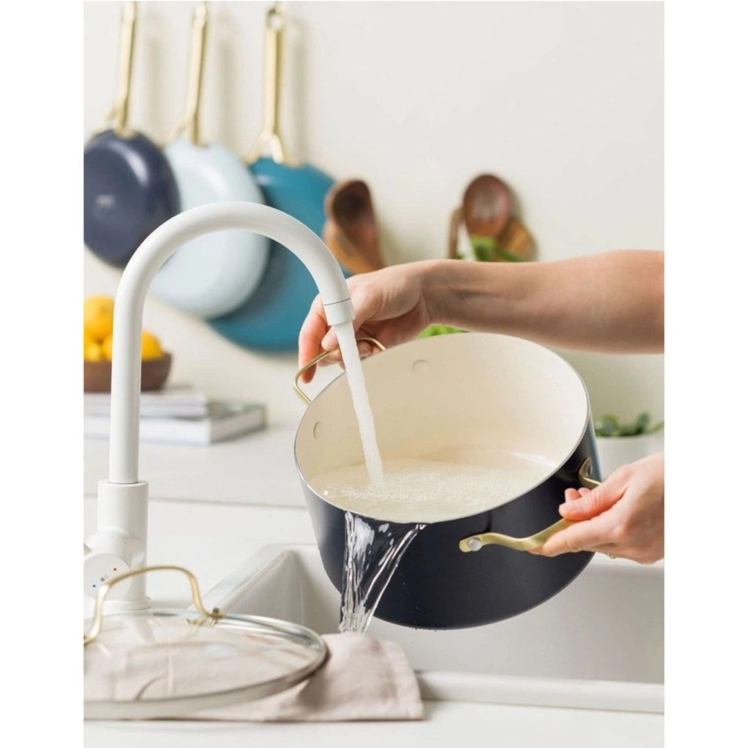 Greenpan Coastal Shades Cookware Set 6 Piece, angled view of cookware set including pots and pans in pastel tones