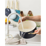 Greenpan Coastal Shades Cookware Set 6 Piece, angled view of cookware set including pots and pans in pastel tones