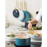 Greenpan Coastal Shades Cookware Set 6 Piece, angled view of cookware set including pots and pans in pastel tones