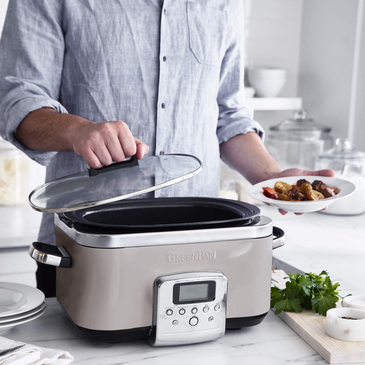 GreenPan Elite slow cooker 6L in Clay with glass lid and digital control panel