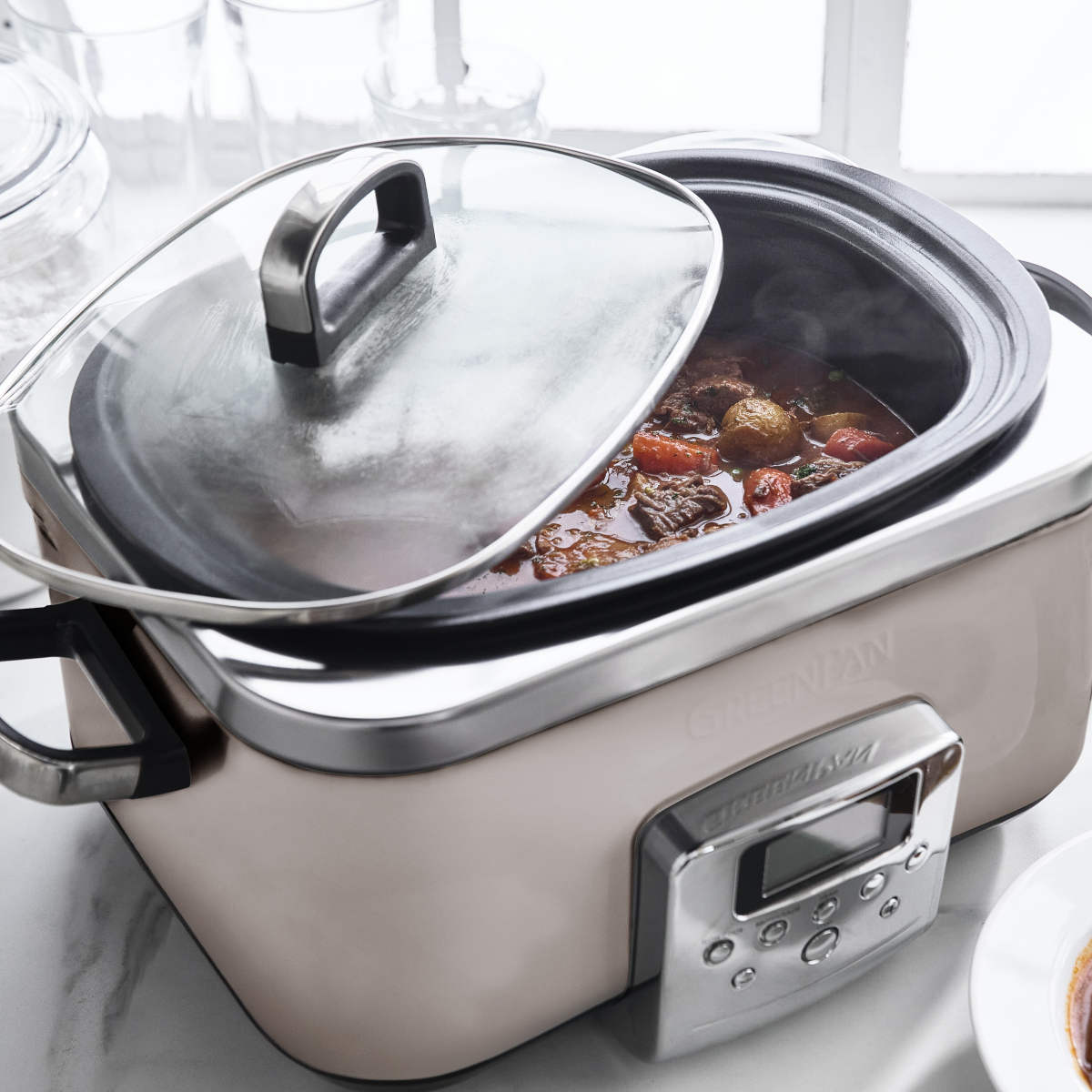 GreenPan Elite slow cooker 6L in Clay with glass lid and digital control panel