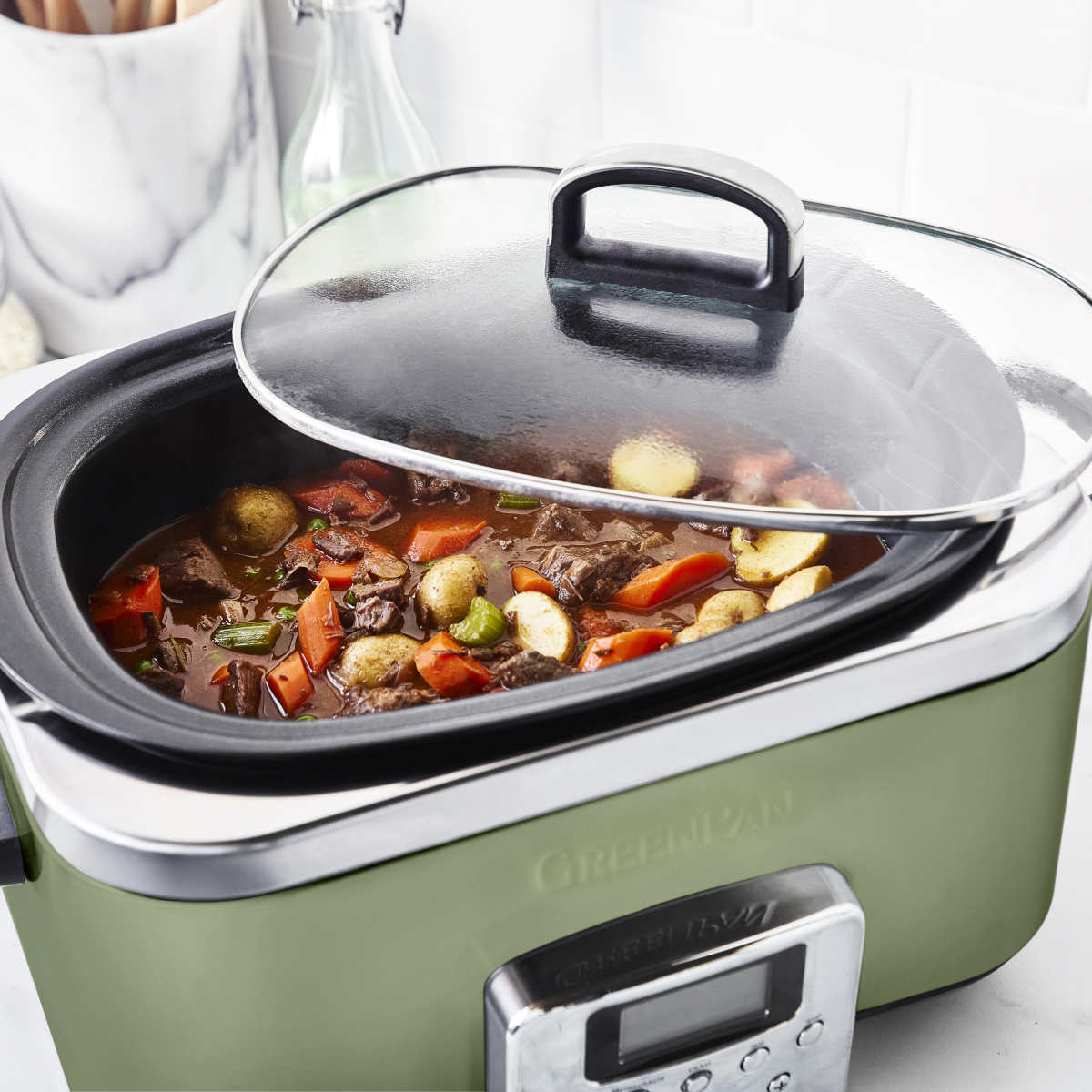 GreenPan Elite slow cooker 6L in Sage with glass lid and digital control panel