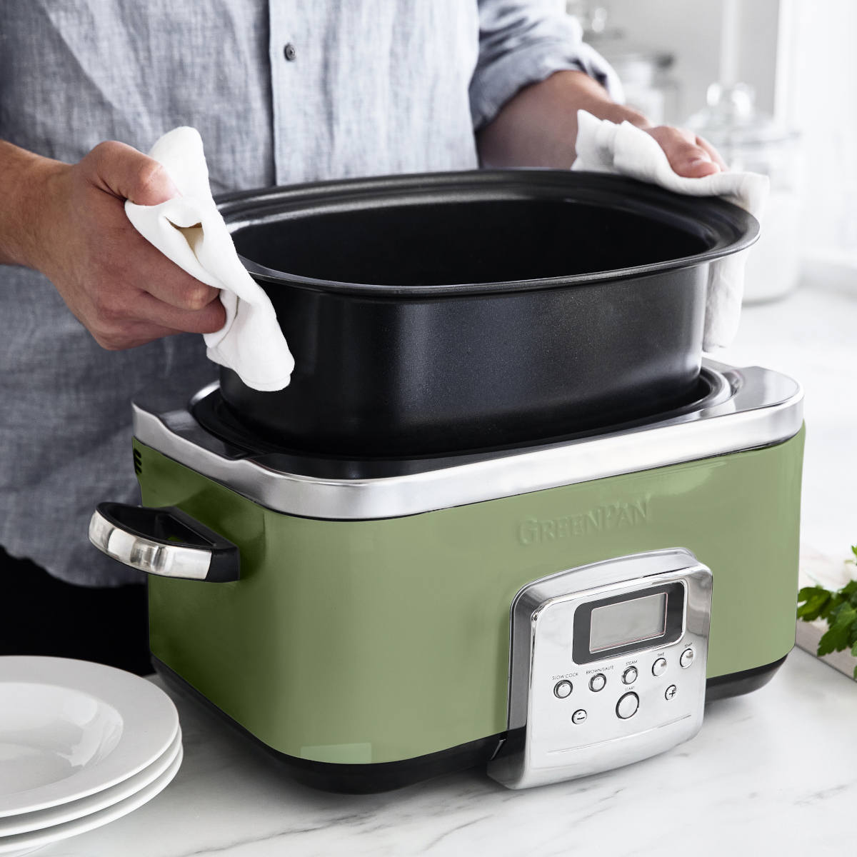 GreenPan Elite slow cooker 6L in Sage with glass lid and digital control panel