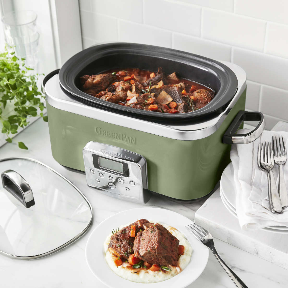 GreenPan Elite slow cooker 6L in Sage with glass lid and digital control panel