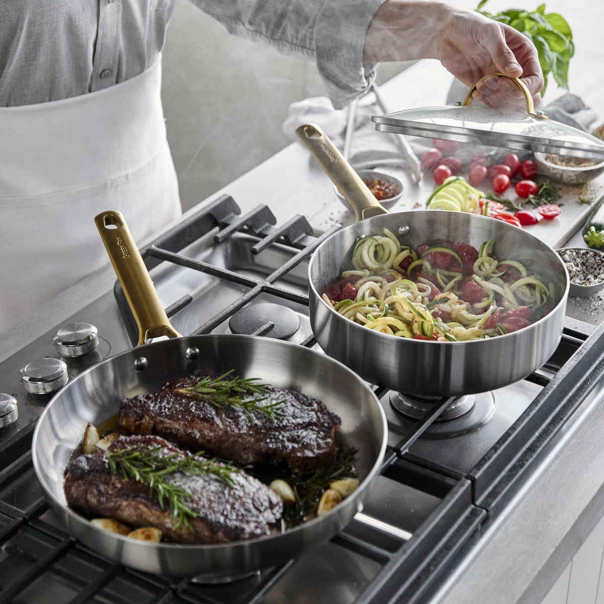GreenPan Padova Stainless Steel Frypan 20cm – in use, searing steaks