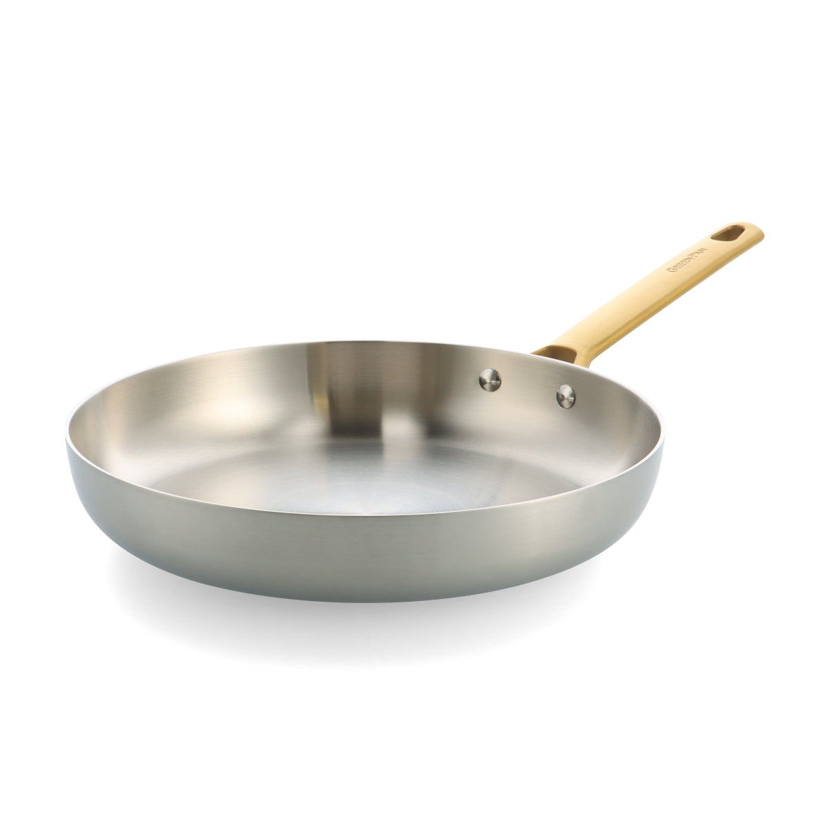 GreenPan Padova Stainless Steel Frypan 28cm – side angle with gold handle