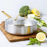 GreenPan Padova Stainless Steel Sauté Pan 24cm – on wooden board with fresh vegetables