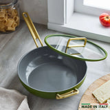 GreenPan Stanley Tucci Pan Junior Green – angled side view with “Made in Italy” badge