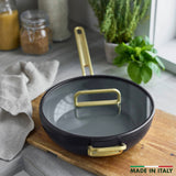 GreenPan Stanley Tucci Pan Junior Oxford Blue – pan on counter with lid partially covering