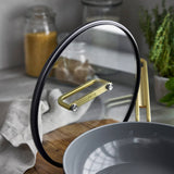 GreenPan Stanley Tucci Pan Junior Oxford Blue – glass lid handle close-up in kitchen