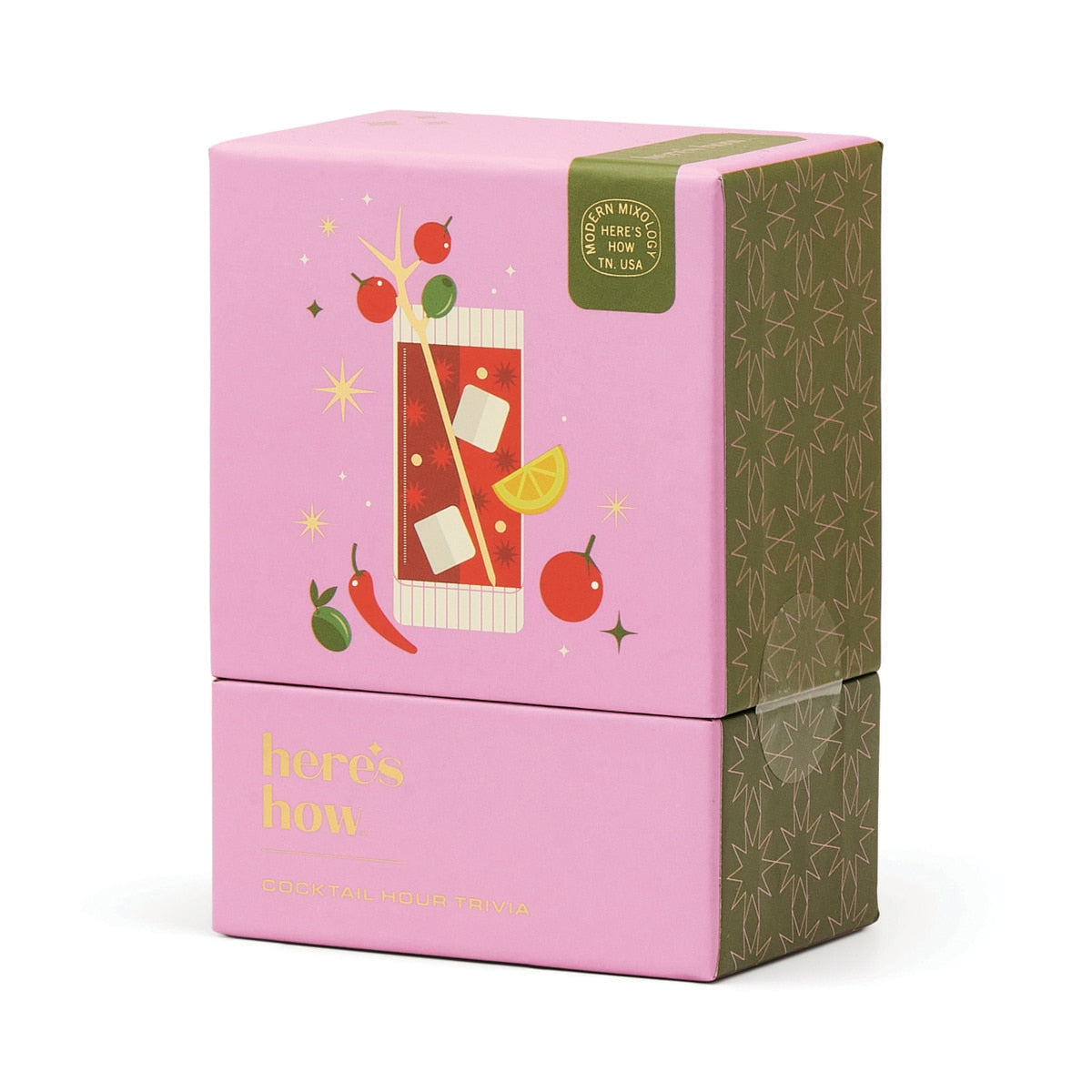 Here’s How Cocktail Hour Trivia box featuring colourful cocktail illustration on pink and green packaging