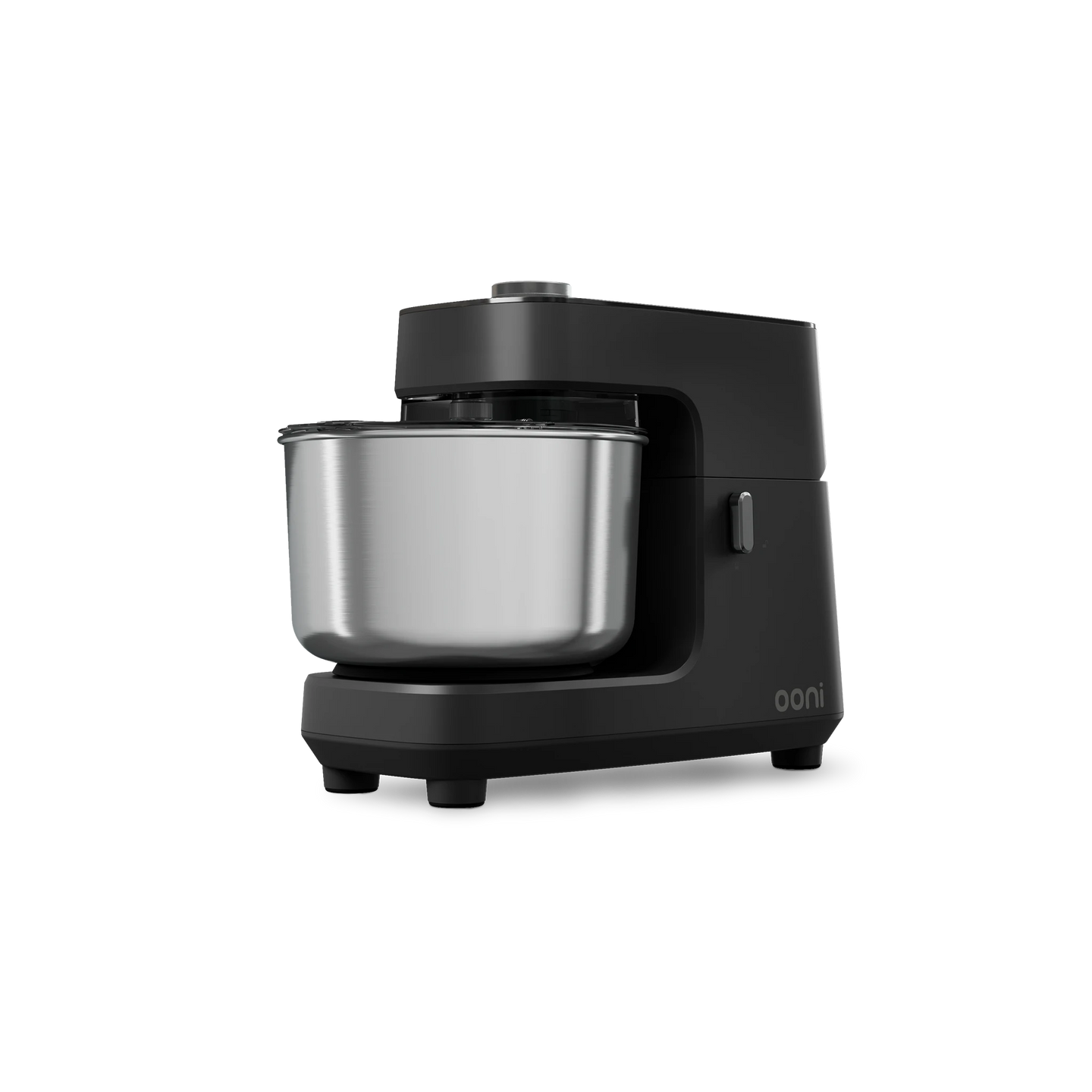 Ooni Halo Core Spiral Mixer in Foundry Black with stainless steel mixing bowl, front three-quarter view.