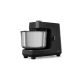 Ooni Halo Core Spiral Mixer in Foundry Black with stainless steel mixing bowl, front three-quarter view.