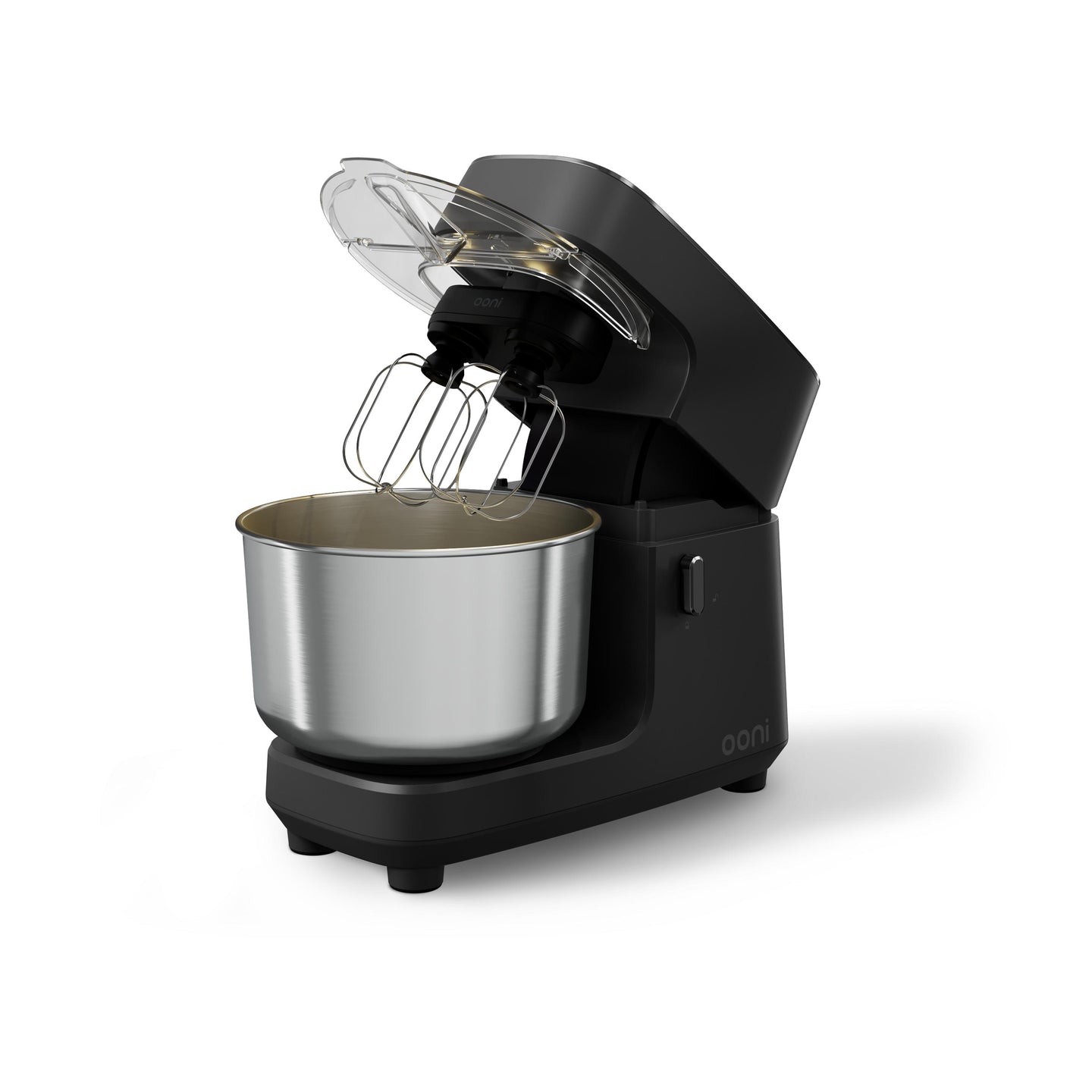 Ooni Halo Core Spiral Mixer in Foundry Black with tilt-head open, showing geared whisk attachment and stainless steel mixing bowl.