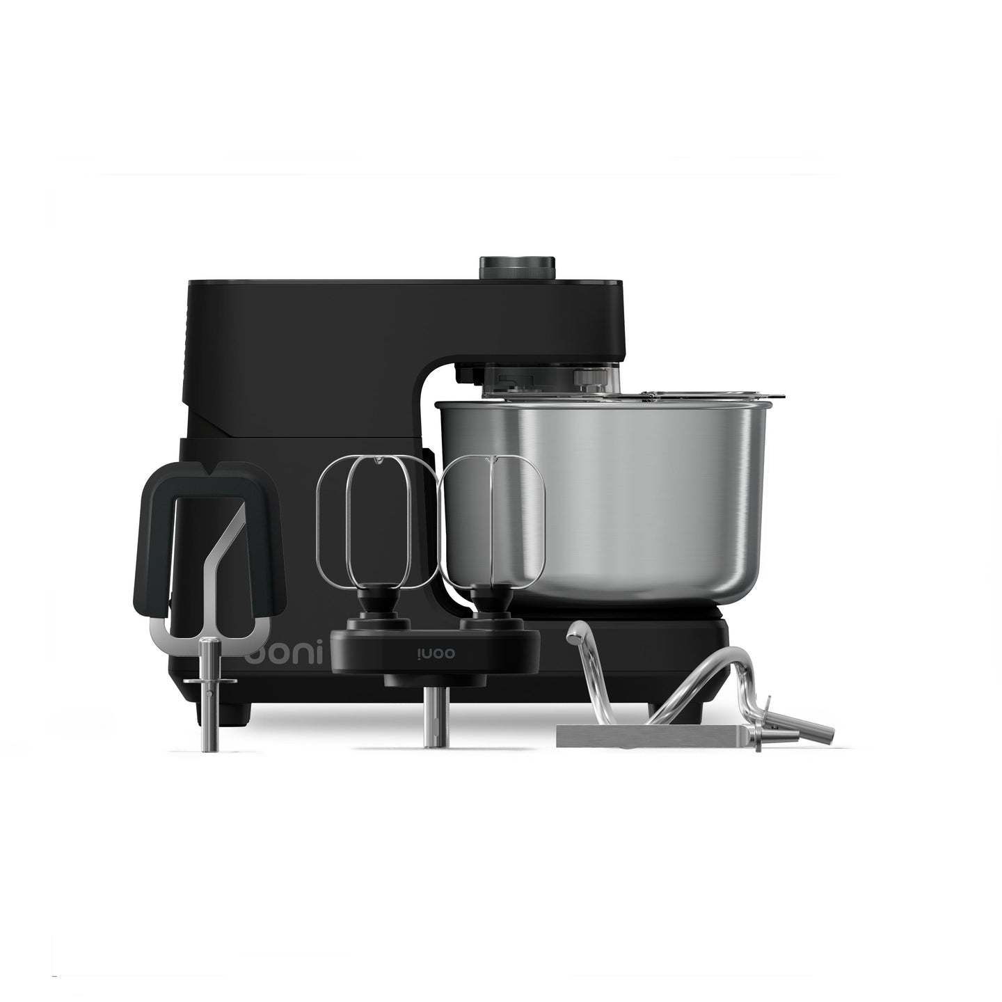 Ooni Halo Core Spiral Mixer in Foundry Black with spiral dough hook, silicone beater, geared whisk and removable breaker bar attachments.