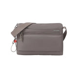 Front view of the Hedgren Inner City Eye Neo Crossbody Bag in Sepia with the shoulder strap draped across the front, emphasizing its compact everyday design.