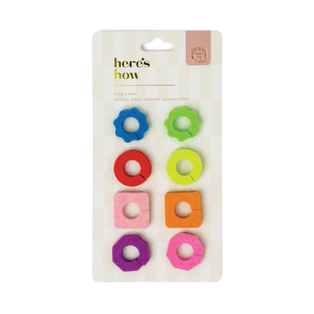 Front packaging of the Here’s How The Link Felt Drink Tags Set of 8, showcasing colourful reusable wool felt drink markers in a convenient retail display pack.