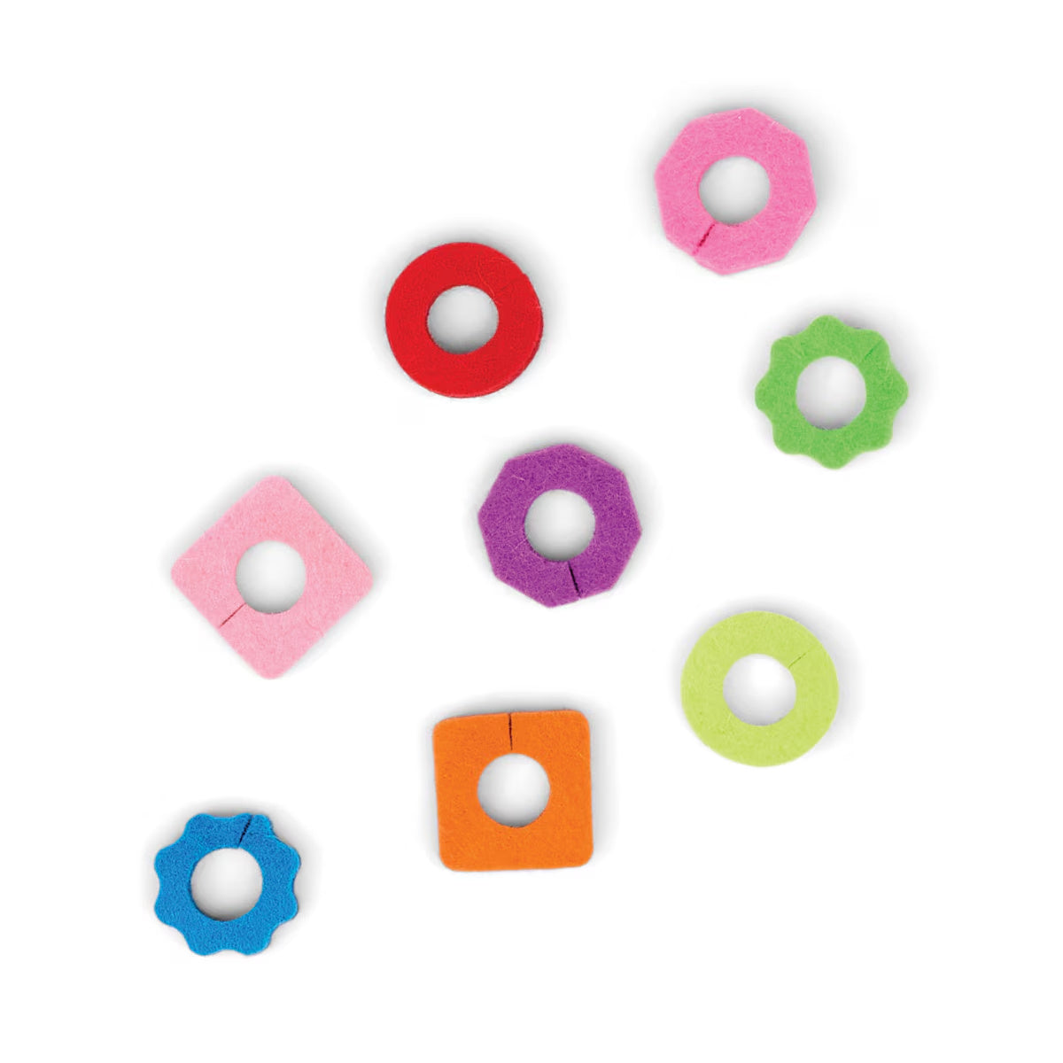 Set of eight colourful Here’s How The Link Felt Drink Tags in assorted shapes, designed to easily identify drinks at parties, gatherings, and entertaining occasions.