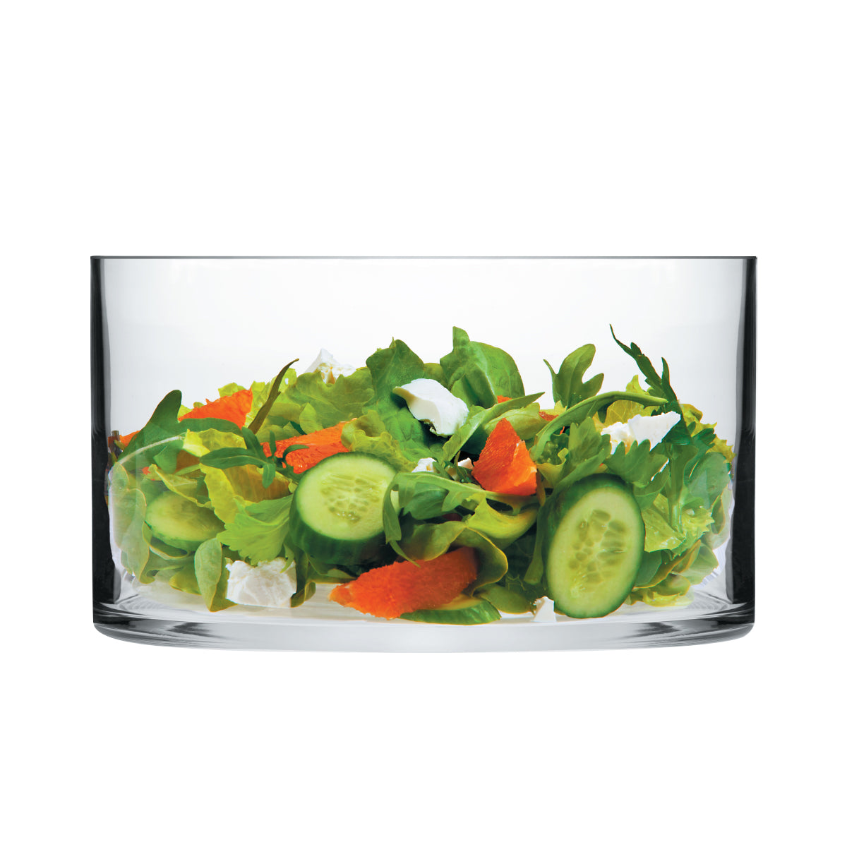 Casero Verre 23cm clear glass serving bowl filled with fresh salad, shown front on