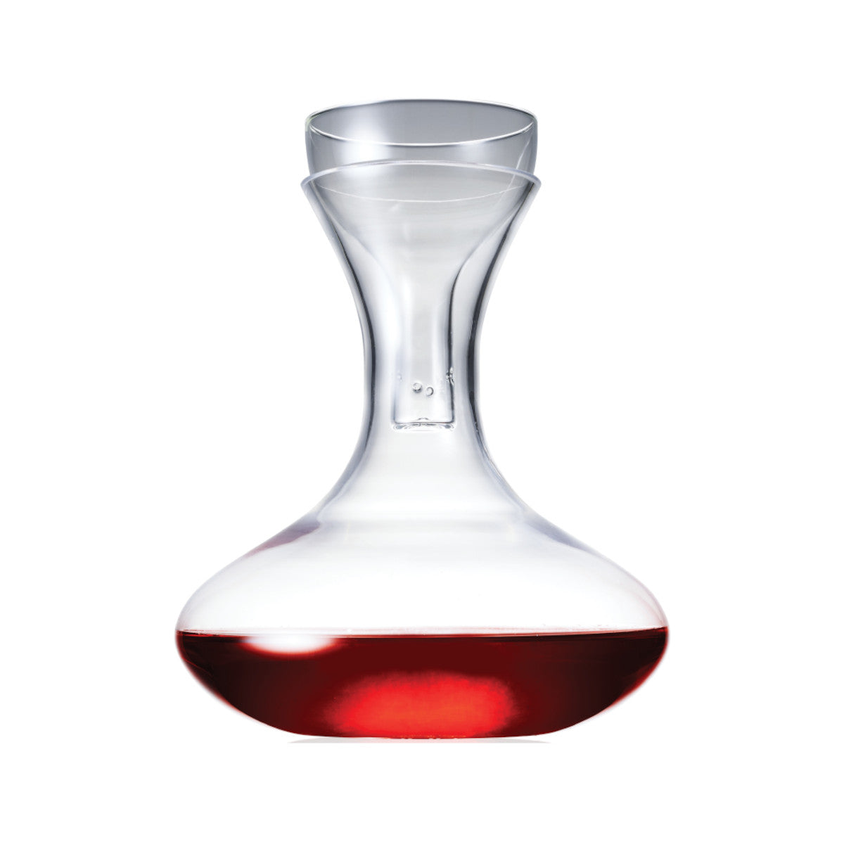 Casero Verre 1.7L wine decanter and aerator set shown front on with clear glass design and red wine inside