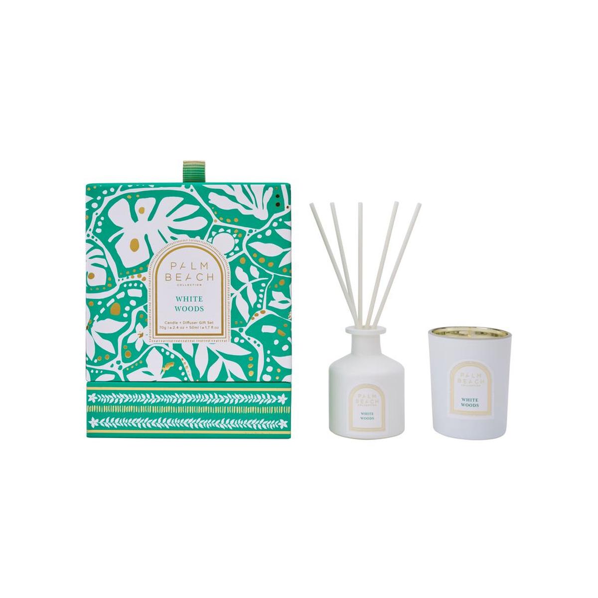 Palm Beach Collection White Woods Mini Candle and Diffuser Set – premium fragrance gift set in festive green patterned box.