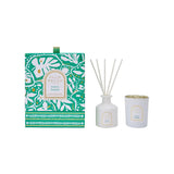 Palm Beach Collection White Woods Mini Candle and Diffuser Set – premium fragrance gift set in festive green patterned box.