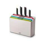 Joseph Joseph Folio Icon 8-piece board and knife set with colour-coded chopping boards and knives in holder