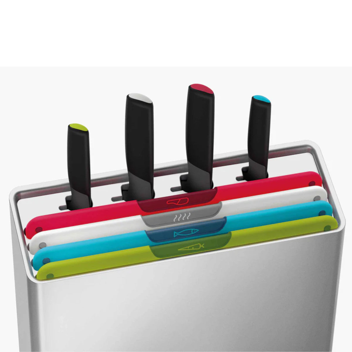 Joseph Joseph Folio Icon 8-piece board and knife set with colour-coded chopping boards and knives in holder