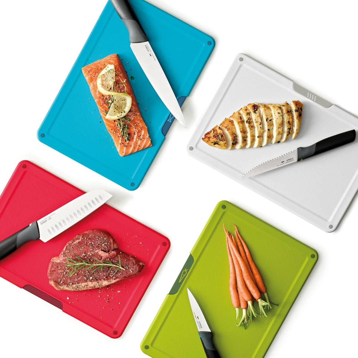 Joseph Joseph Folio Icon 8-piece board and knife set with colour-coded chopping boards and knives in holder