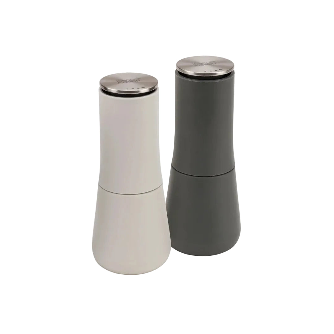 Joseph Joseph Milltop salt and pepper mill set in grey with sleek modern design