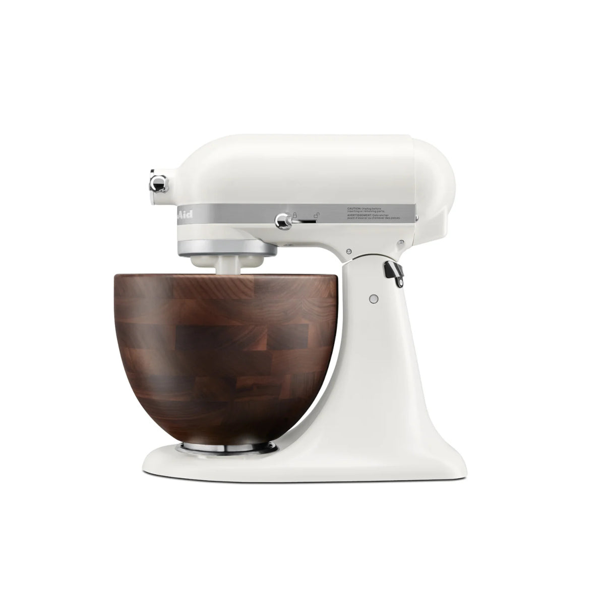 KitchenAid Artisan Tilt-Head Stand Mixer Porcelain – side profile with walnut wood bowl