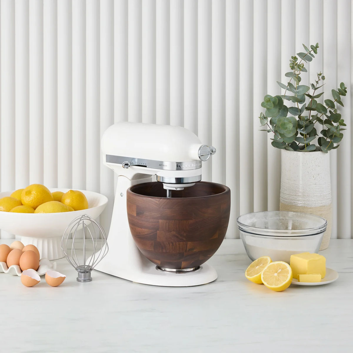 KitchenAid Artisan Tilt-Head Stand Mixer Porcelain – with walnut wood bowl in kitchen scene