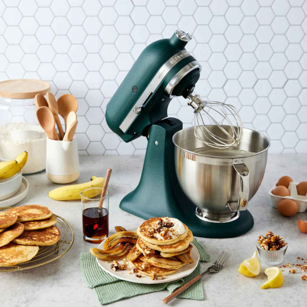 KitchenAid KSM195 Artisan Mixer Juniper – lifestyle with pancakes and ingredients