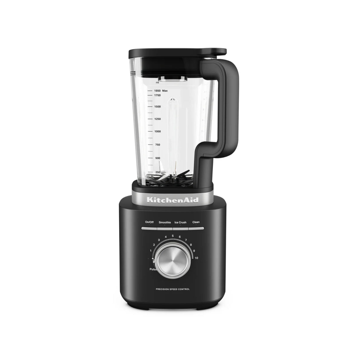 KitchenAid Pure Power Blender with 1.75L glass jar in Matte Black, front view showing precision speed control and preset functions.