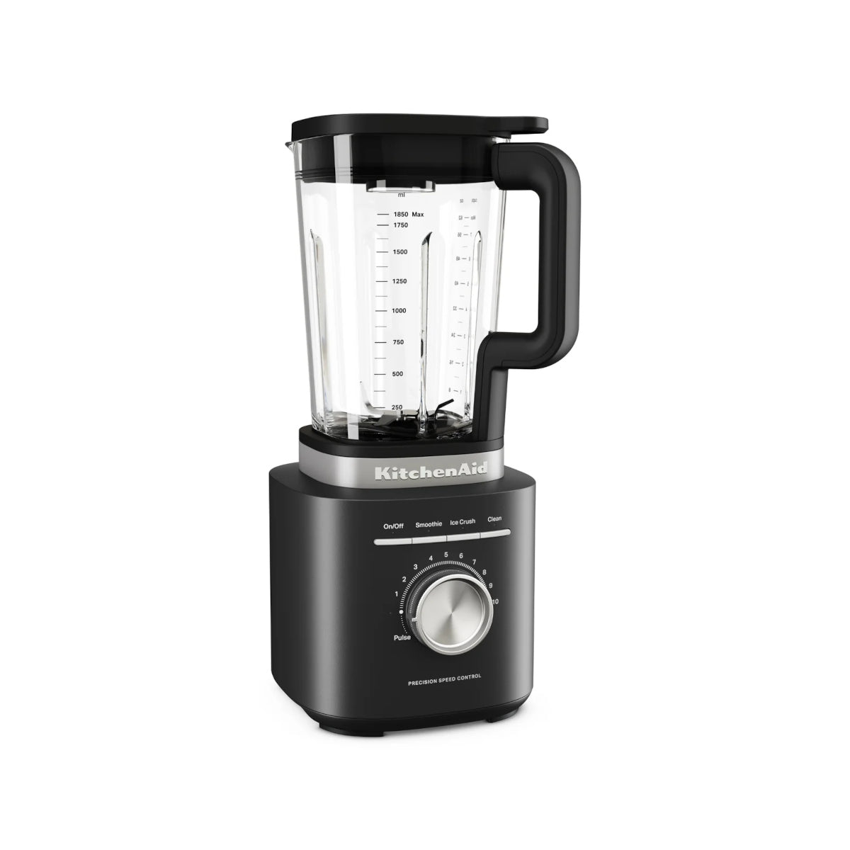 KitchenAid Pure Power Blender with 1.75L glass jar in Matte Black, front three-quarter view.