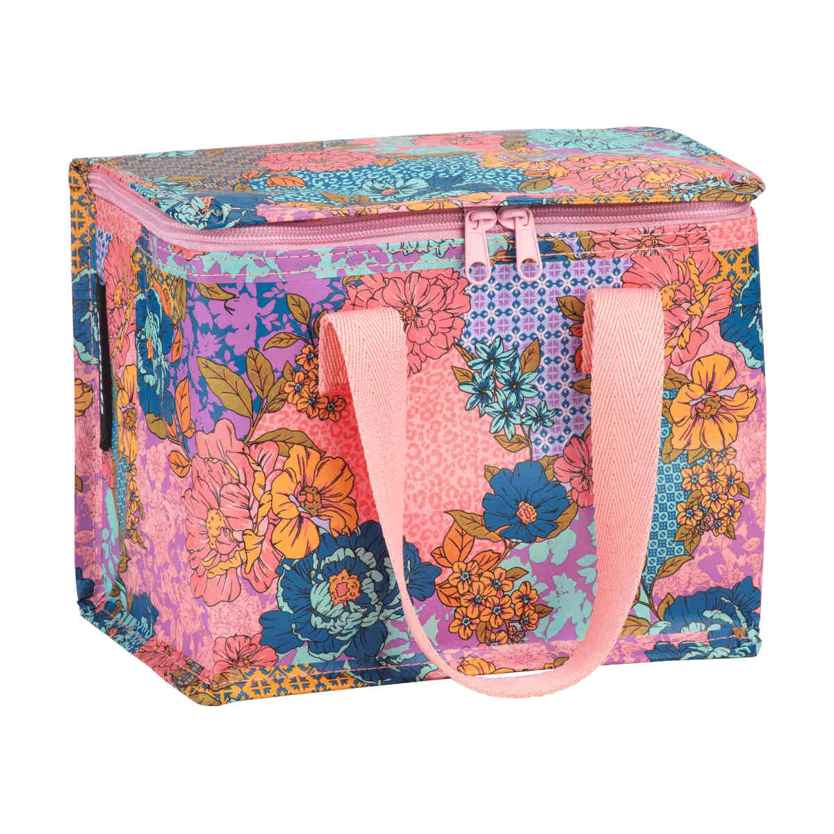 Kollab Bethany Lunch Box featuring vibrant multicolour floral print and pink handles