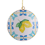 La Dolce Vita Lemon Enamel Hanging Decoration – round enamel ornament with hand-painted lemon motif and blue tile border, 11cm