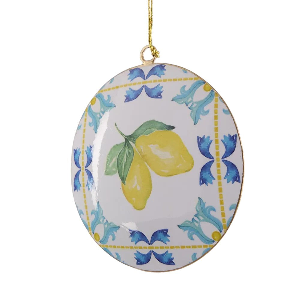 La Dolce Vita Lemon Enamel Hanging Decoration – ceramic-look enamel ornament with lemon illustration and colourful accents, 11cm