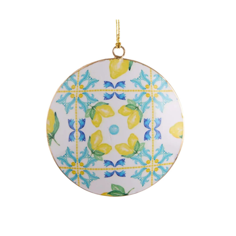 Vixen & Velvet La Dolce Vita Lemon Tile Hanging Decoration 11cm – round ceramic-style ornament with lemon and blue tile pattern, 11cm