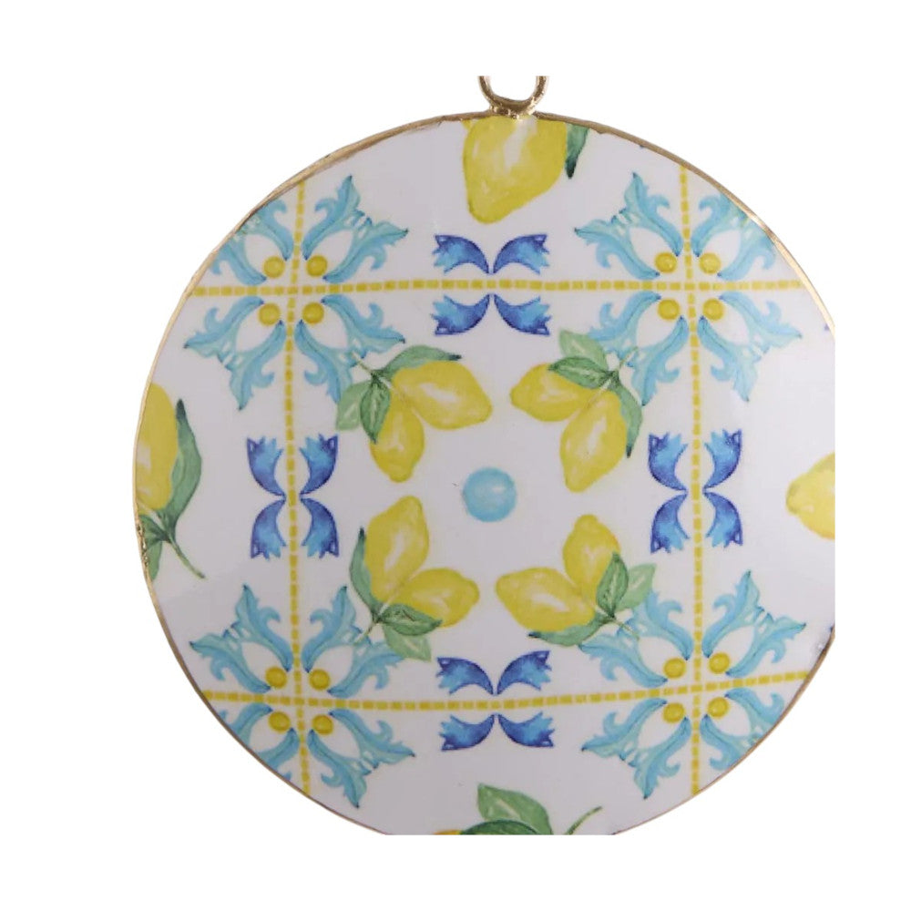 Vixen & Velvet La Dolce Vita Lemon Tile Hanging Decoration 11cm – Mediterranean-inspired lemon design on white tile, 11cm