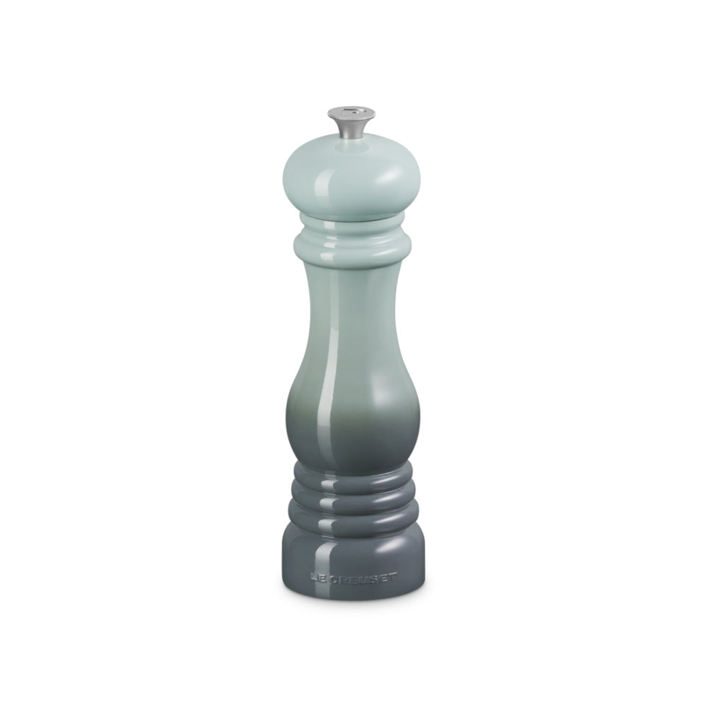 Le Creuset pepper mill 21cm in Sea Salt green, glossy finish.