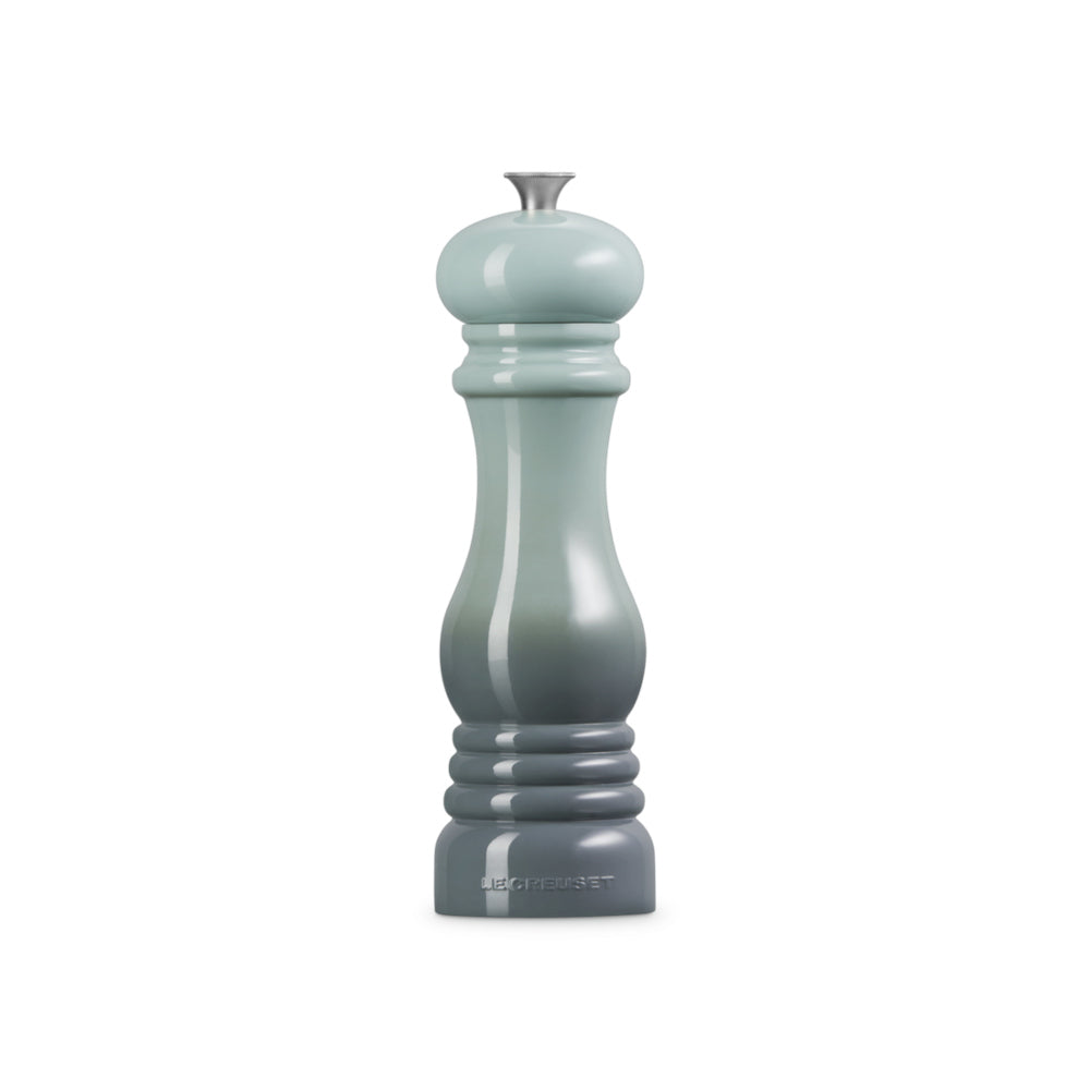 Le Creuset pepper mill 21cm in Sea Salt green, glossy finish.