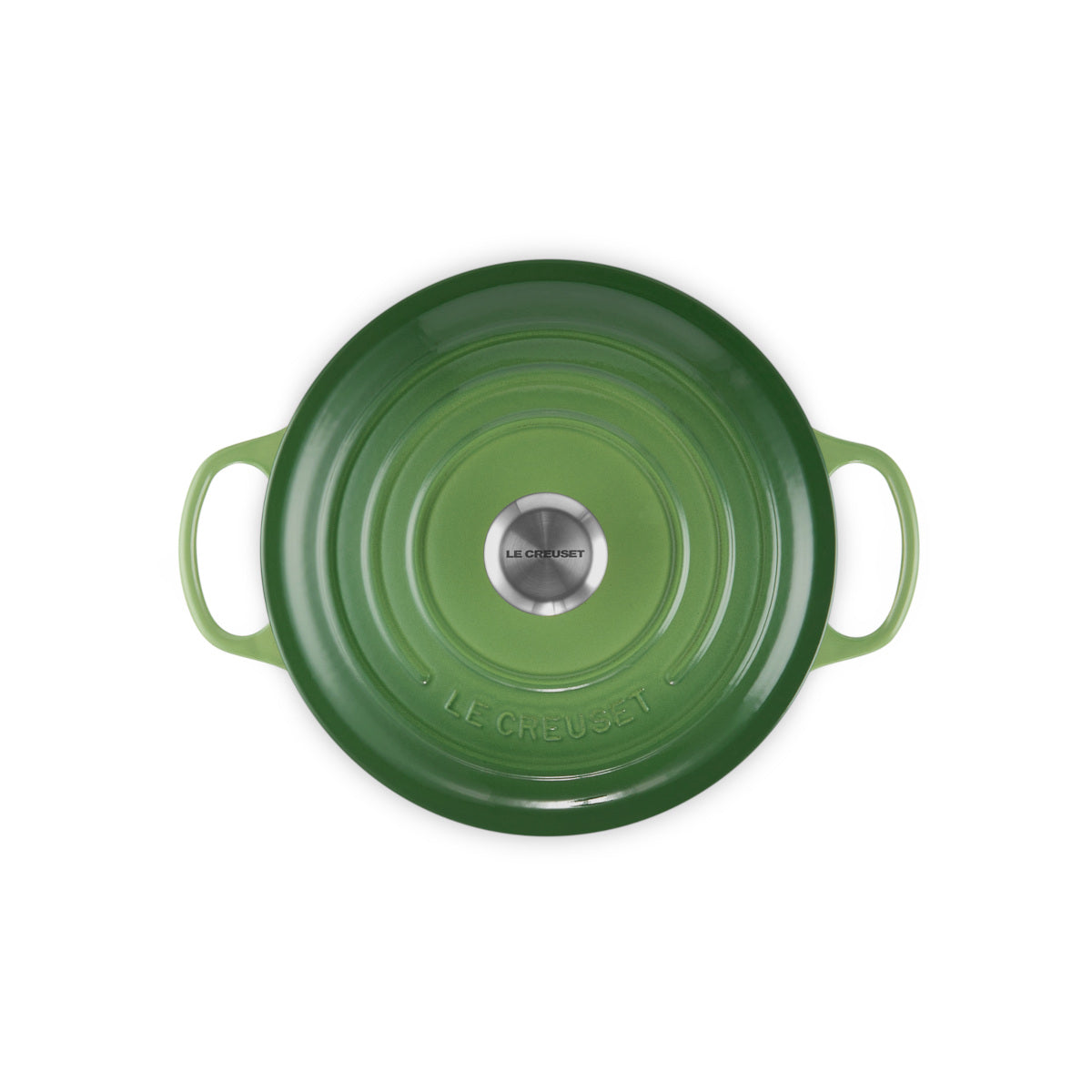 Le Creuset Signature Cast Iron Round Casserole Bamboo 26cm – overhead view with lid on, showing stainless steel knob
