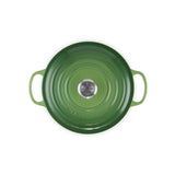 Le Creuset Signature Cast Iron Round Casserole Bamboo 26cm – overhead view with lid on, showing stainless steel knob