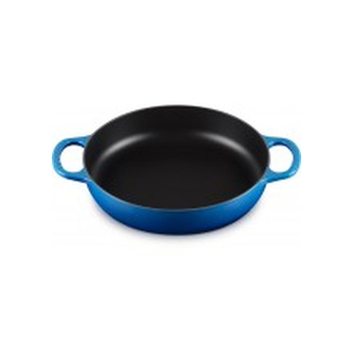  Overhead view of Le Creuset Signature Everyday Pan Azure 28cm showing smooth black surface