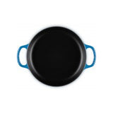 Top view of Le Creuset Signature Everyday Pan Azure 28cm with black interior and twin handles
