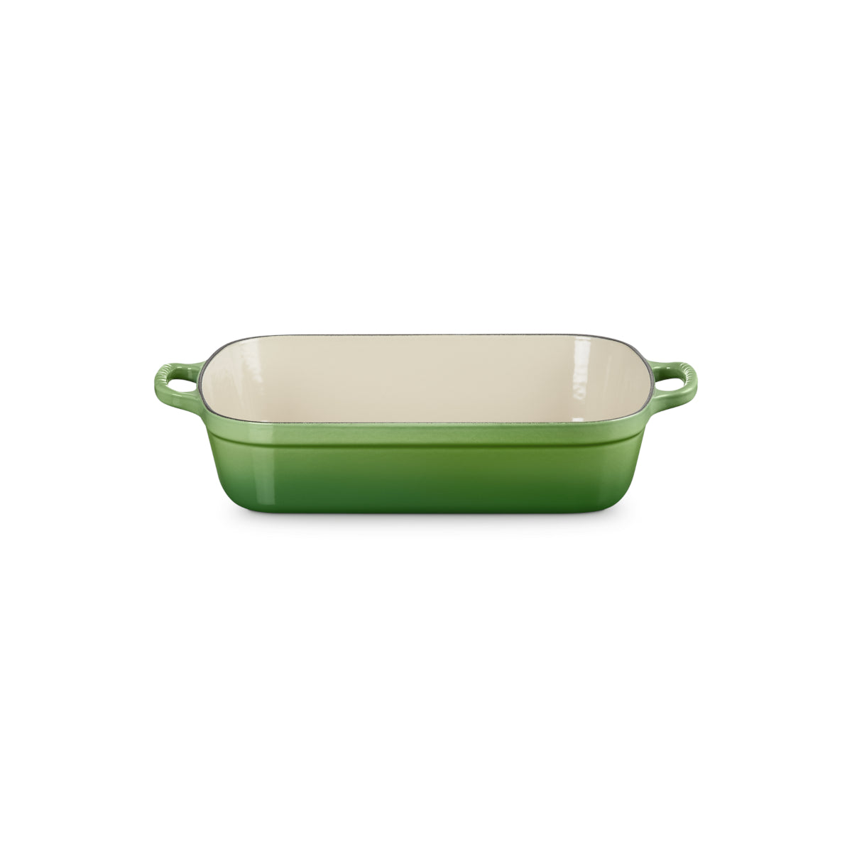 Le Creuset Signature Roaster 33cm Bamboo Green cast iron baking dish with cream enamel interior and looped handles