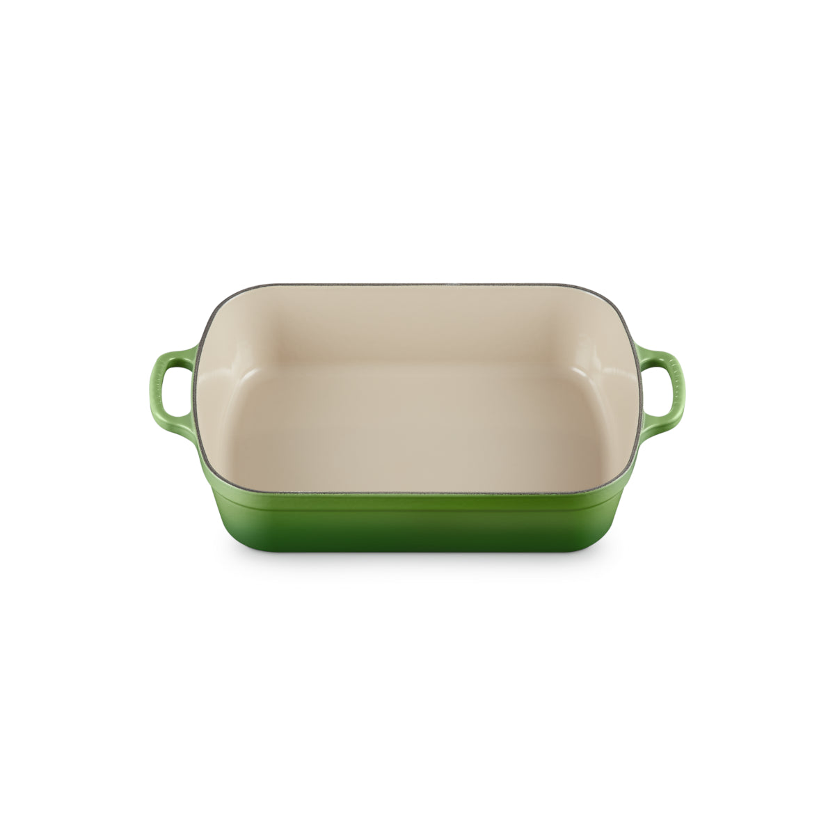 Le Creuset Signature Roaster 33cm Bamboo Green cast iron baking dish with cream enamel interior and looped handles