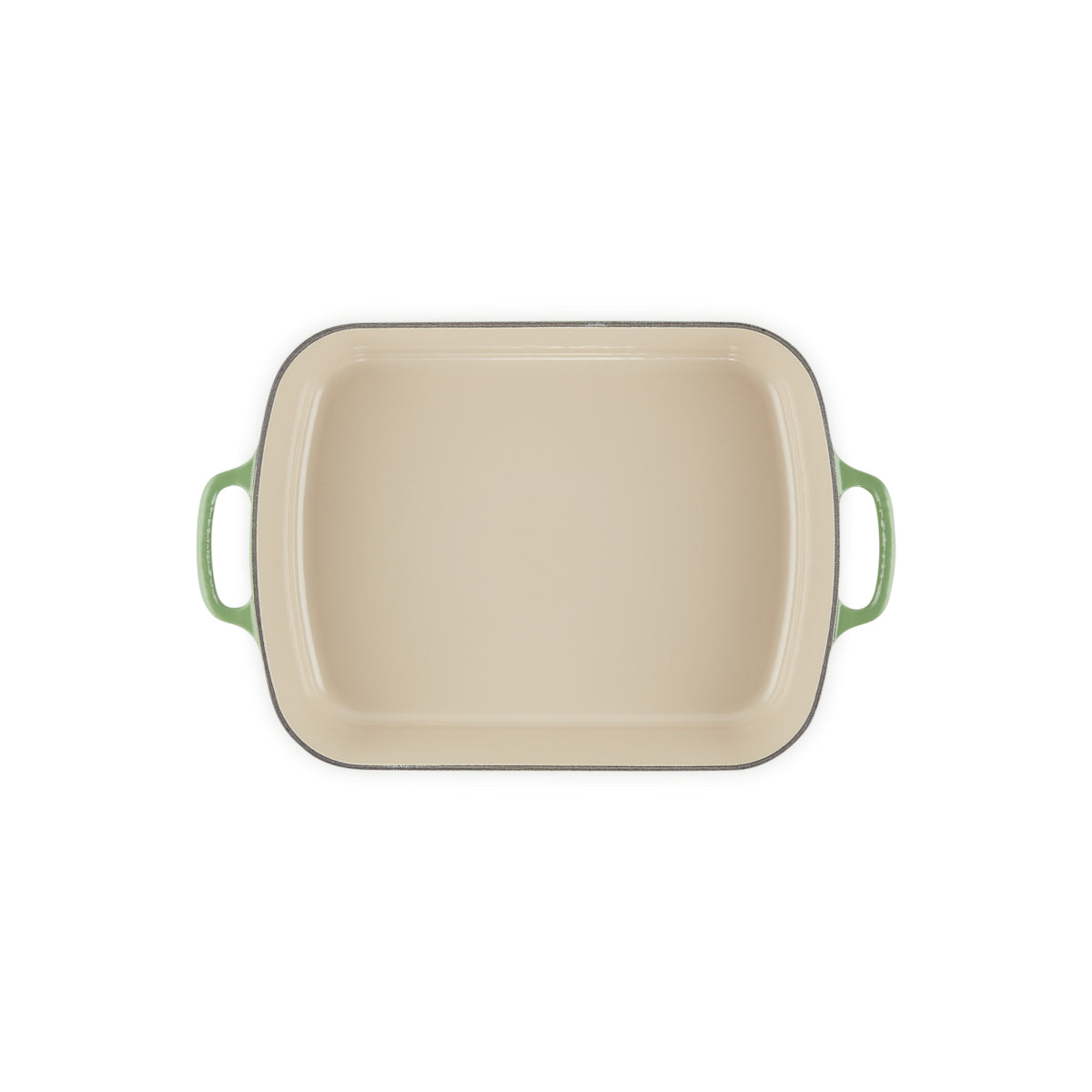 Le Creuset Signature Roaster 33cm Bamboo Green cast iron baking dish with cream enamel interior and looped handles