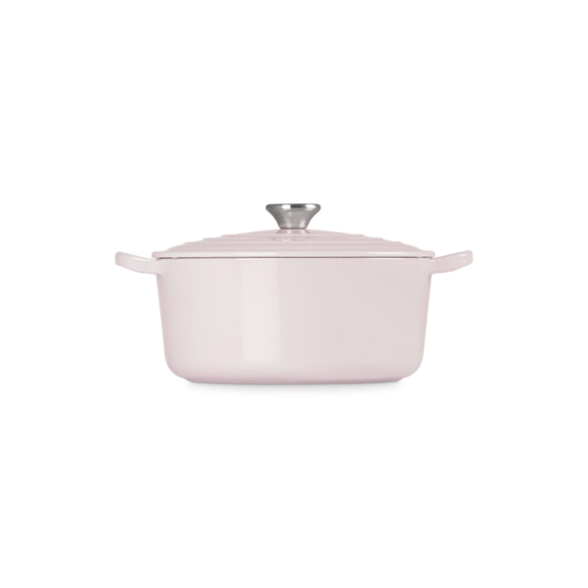 Side profile of Le Creuset Shallot square casserole with lid and stainless steel knob.